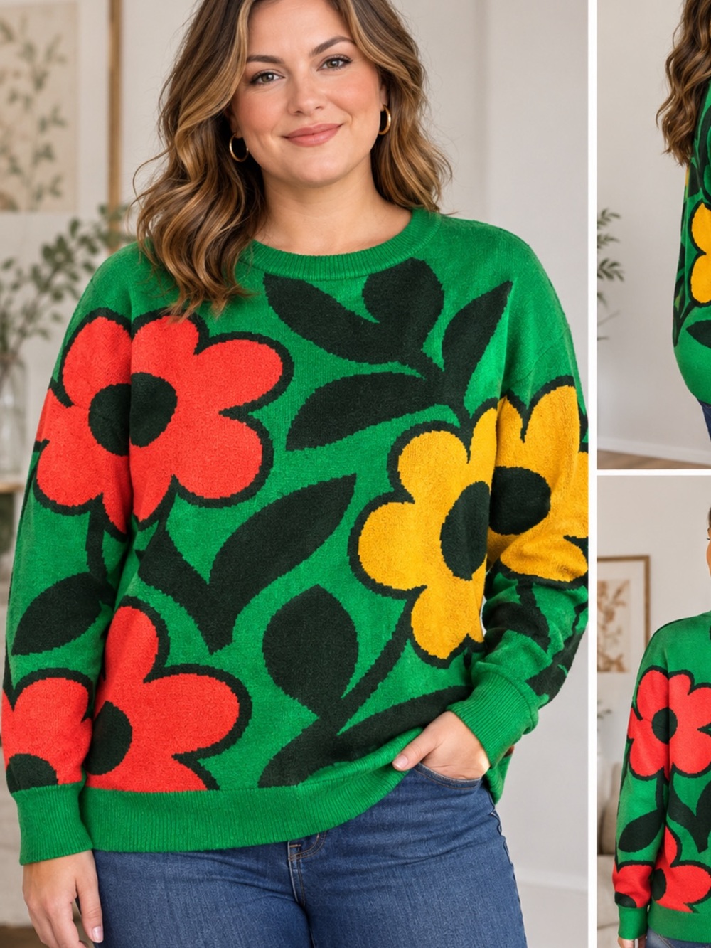 OXKNIT Retro Sweater Floral Knit Green & Pink yellow XL